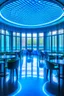 Placeholder: A restaurant whose outer walls are oval in shape, the color of the inside is blue, and its floor is light with a bar table in the middle of the restaurant in the shape of an oval containing 30 chairs and the walls are made of glass