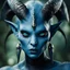 Placeholder: extraterrestrial femine being, blue skin, big black eyes, horns, angry, reptilian mode