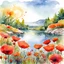 Placeholder: Summer day with sun by the lake,poppies, watercolor, ink. Picturesque and colorful. Shiny colors of a bullring