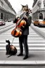 Placeholder: One single mature cat playing violin on the street, Vienna, friendly, model style, hyper realistic, extremely accurate, delicate, extremely detailed, Graphic novel style, wide-angle, open aperture, superfine pencil