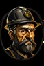 Placeholder: coal miner portrait as icon for an app or logotype. A little tired, A little dirty. He keeps a vertical hack besides his right shoulder. He wears а headpiece with a headlight