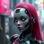 Placeholder: a cyberpunk female android robot, bright hair, futuristic, dystopia, stylised, digital art, 3d render