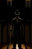 Placeholder: A shadow man standing behind the movie theater, his face is black, with light red eyes and sharp teeth, he is wearing a formal suit and a black hat, and he is holding a golden cane.