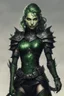 Placeholder: female snake humanoid, green scales, wearing a black leather armor, dungeons and dragons