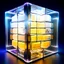 Placeholder: futuristic translucent neurocube, inside the cube there are perpendicular partitions of honeycomb plates, ambient lighting