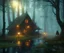 Placeholder: dynamic lighting, Intricately detailed, Splash screen art, deep color, Unreal Engine, volumetric lighting, dark fantasy artwork, dark swamp artwork, fantasy swamp artwork, cottage, night,