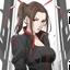 Placeholder: A portrait headshot of a confident looking young woman with pale skin, red eyes, and long brown hair pulled into a ponytail in a dark modern setting with intricate details. She is wearing black and red casual clothes, an air of malevolent power surrounds her. sketchy Anime style.