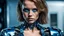 Placeholder: eine junge dame mit hübschen blauem kleid sieht aus wie terminator, close up, realistic