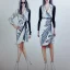 Placeholder: Croquis, wrap dress, white with fern leaf print, long sleeves, fashion illustration, sketch, drawing, pencil, black model, Aarón favaloro, megan hess, René gruau