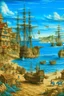 Placeholder: A blue village on a bay with pirate ships painted by Albrecht Durer