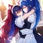 Placeholder: Clear Focus, High resolution, wearing a maid uniform, fluffy hair and a long ponytail, blue hair, cat ears, meowing, hugging another girl with red long fluffy hair also wearing a maid outfit