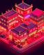 Placeholder: cute isometric china town, cutaway box, traditional, night lights, neon sign, hanging lanterns, electric posts with lamps, old taxis. highly detailed, made with blender, promotional brochure