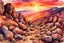 Placeholder: Sunset, rocks, mountains, rocky land, epic, watercolor paintings