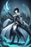 Placeholder: Anime girl with short black hair and sharp green eyes holding a menacing spear, black and white metal armour, full body shot, Dark lighting