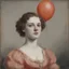 Placeholder: A woman with freckles, with a balloon at the circus, 1850, red, orange, pink