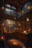 Placeholder: Forest library, autumn, many books,nature,natural lines, lamp garlands, twilight,dark,botanical maximalism boho style, hyperrealism, hyperdetalization, high quality, 32k, dark botanical, bionics, bionic elements,grunge, magic, fantasy, many complex details, filigree, clarity, sharpness, 8d painting, concept art, 35 mm, contrast