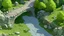 Placeholder: fantasy environment view from above, a road going across the screen, summer daylight, a hobbit hole on the right near the road blocky 3D low poly cartoon render style with soft pastel colors