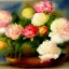 Placeholder: watercolor of a bowl of peonies, warm colors, water color streaks and splashes, in the style of turner, white space