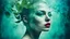 Placeholder: old retro photograph, light vignette, faded, worn and cracked, double exposure, surrealism, female humanoid from another world, red lips, half body, greenish blue pale transparent glowing skin, bald head, plants growing out of head, tattoo on head, alien transparent eyes, double exposure, hyperdetail, double exposure, Anna Razumovskaya, Anna Dittmann, Luis Royo, Neo-impressionism, expressionism, oil painting. Bold, detailed and textured brushstrokes reminiscent of Royo and Peter Coulson. Deep co