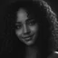 Placeholder: one black color girl, curly hair, background black color, very lighting eyes, eyes are black and white, photo focus his face, like smiling, beautiful look, scenter of photo, cinematic lighting, volumetric lighting, lighting, High quality, do not blur photo, octane rendering, 16k