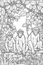 Placeholder: Outline art, no shading, monkeys full body in the garden, cartoon style, black and white, low detail, --ar 9:11