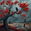 Placeholder: create a cinematic acrylic painting of a gnarled autumn tree blooming with red warning-like flowers, icy-necked vulture perched on a dark limb, grey lightning-filled sky, broken buildings and skeletal structures on the horizon, dry river snaking through the earth, lone silhouette walking away, dark and moody with high visual contrast --v 7 --ar 16:9