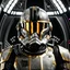 Placeholder: star wars bald male corellian pilot wearing gunmetal grey and black First Order special forces TIE pilot armored flightsuit and helmet with gold trim inside the jedi temple, centered head and shoulders portrait, hyperdetailed, dynamic lighting, hyperdetailed background, 8k resolution, volumetric lighting, light skin, fully symmetric details