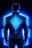 Placeholder: cyberpunk, neon blue, triangle of light floating behind the back, cyber suit, geometric patterns on a suit, male