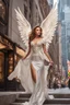 Placeholder: Front view ull body excellent realistic portrait Beautiful Angel with luxury Victorian gown,walking at new York City street