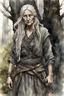 Placeholder: ink wash and watercolor illustration of an ancient grizzled, gnarled female vagabond wanderer, long, grey hair streaked with black, highly detailed facial features, sharp cheekbones. Her eyes are black. She wears weathered roughspun Celtic clothes, emaciated and tall, with pale skin, full body , thigh high leather boots within a forest of massive ancient oak trees in the comic book style of Bill Sienkiewicz and Jean Giraud Moebius , realistic dramatic natural lighting, rich earth tone colors