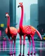 Placeholder: three giraffe-headed flamingos with giraffe neck and head and giraffe pattern, standing in a gloomy cyberpunk downtown kerbside in overdrive, acrylic and oil, minimalist, cinematic, dramatic, (glitch deconstruction:1.7), centered,, amazing verticals, excellent parallels