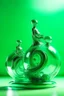 Placeholder: large and small glass balls figure swirling on the air, calming nerves, relaxation, in the background abstract flexible gentle statue, light shades, green tint background