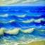 Placeholder: A blue beach with raging waves painted by Georges Seurat