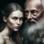 Placeholder: Viking theme, a younger woman sitting next to a 50-year-old man, portrait, 8K, close-up face, anatomically perfect face, Highly detailed stunning full frame portrait, misty and cloudy atmosphere