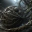 Placeholder: Multiple entanglements between a twisted thin piece of cloth as part of many twisted and spiraling branches disappearing into the distant mist between which metal balls are woven, epic photo, sharp on highly detailed skin with wrinkles and high contrast, photorealistic, 4K, 3D, realism, hyperrealism, detail, good lighting, detailed texture, modern photography style, 3D, 4D, 4K --2:3