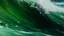 Placeholder: Close-up of a painting showing textured brushstrokes of a wave in shades of green and white with a hint of a dark curved structure in the foreground