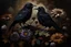 Placeholder: vintage oil painted of dark flowers with a raven on dark background