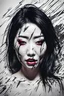 Placeholder: paper portrait of Goth Asian woman, lying pose, face distorted with pain, reverse colors, screaming, tears streaming from eyes, glitchcore, horror, ultra realist texture,