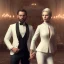 Placeholder: 8K, a Highly detailed stunning portrait of Dom man, a white suit, beard, and short hair, with a kneeling submissive woman