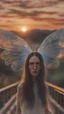 Placeholder: portrait up close with transparent angel wings like a butterfly on a bridge at sunset, a more intense "scream" mask from the horror movie holding her hands on her ears, that looks like the original painting by Edvard Munch, bokeh like, down-light, unreal engine, prize winning