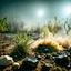 Placeholder: A striking quality Kodak photograph captures a wasteland with liquid and a group of plants, odd figure, creepy, details of the dust abd liquids very accentuated, glossy organic mass, adorned with minerals and rocks. Bathed in intense light, eerie, Max Ernst style, white sun, fog