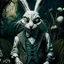 Placeholder: portrait of strange, creepy alien looking white rabbit with evil frown on face from Alice in Wonderland wearing a waistcoat, in garden, Tim Burton, Dr Suess, Terry Gilliam, Salvador Dali, dark moody,dystopia, sinister, evil, bizarre, nightmare