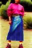 Placeholder: year 1996 denim fashion. Loose skirt, low waist. Colors: denim blue, blue, purple, cream, khaki, light green, lilac, plum, orange, terracotta, red, light yellow, lion yellow, pink, dark blue, beige. Gwen Stephani, Missy Elliot, Shirley Manson.