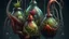 Placeholder: Hanging monstrous nepenthes with semi-transparent digestive jars showing digestion processes, viscous liquid glowing with toxic bioluminescence, snaking tendrils seeking new victims, deadly alluring iridescent colors, small bleached bones decorating its base, macabre naturalistic style