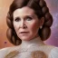 Placeholder: hyperspace background, complete and photo realistic detailed head to waist stunning photo realistic portrait of carrie fisher as Princess Leia in star wars with photo realistic updo hairstyle by Mandy Jurgens and mucha and Richard Schmid and chuck close and chie yoshii, extraordinary and detailed ceremony dress of star wars,brown eyes