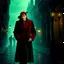 Placeholder: Vintage 1930s European street scene: stylish couple in period fashion, woman in forest green coat with red hat, man in crimson overcoat and fedora. Atmospheric green mist, ornate street lamps, cobblestone pavement, Gothic architecture silhouettes. Film noir cinematography, dramatic chiaroscuro lighting --ar 3:2 --v 6.1 --stylize 750