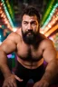 Placeholder: half figure photography of a chubby muscular strong 39-year-old hairy turkish in a discoteque, ajar mouth, shirtless, short beard, bulge, dancing, serious, manly chest, very hairy, side light, view from the ground