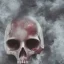 Placeholder: abstract photographic camera mixed with skull in dirty style. fog and smoke in atmosphere. bokeh, lens flare. Dark mood. Dripping paint. oil on canvas, mixed media, high detailed.