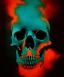 Placeholder: broken realistic skull. black background. smoke and explode. particles in air. teal and orange. abstract. beksinski.