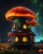 Placeholder: An illogical floating mushroom house on a clear moonless night. . Bright Bold Bright Colors, orange yellow green black, Starry Dark cosmic interstellar. Detailed Matte Painting, deep color, fantastical, intricate detail, splash screen, hyperdetailed, insane depth, concept art, 8k resolution, trending on Artstation, Unreal Engine 5, color depth, backlit, splash art, dramatic, High Quality Whimsical Fun Imaginative Bubbly, perfect composition
